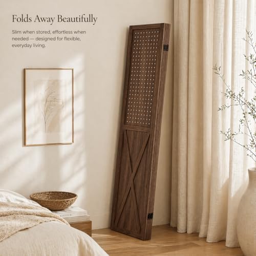 6 Panel Wood Pegboard Room Divider Folding Privacy Screen Brown - Image 6