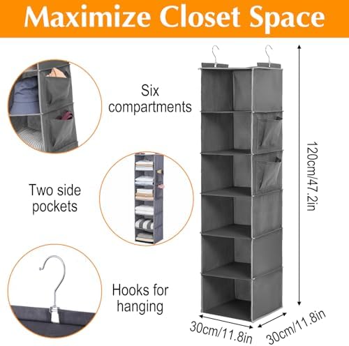 2 Pcs Hanging Closet Organizer, 6-Shelf Storage with 2 Side Pockets and Hooks, for Clothes Sweaters Shoes Accessories, Space-Saving for Dorm RV Small Closet, Grey - Image 3