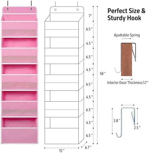 TYMENSH Pink Over Door Organizer with 5 Large Clear Pockets and 6 Side Mesh Pockets, Anti-Tilt Hanging Door Storage for Nursery, Bedroom, Bathroom, Closet, Toys, Baby Essentials - Image 2