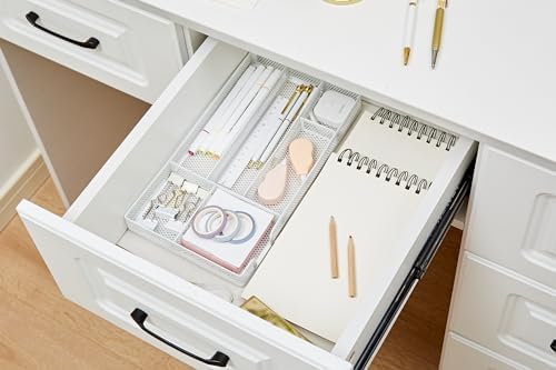 Annova Desk Drawer Organizer Tray for Office Organization - Metal Mesh - Storage Tray with Dividers for Pens, Desktop Accessories, Bathroom, Kitchen, Makeup and Office Supplies (Small, White) - Image 4
