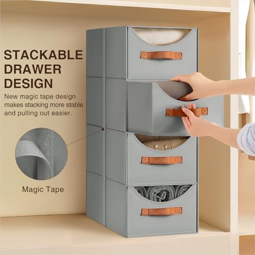 Homsorout Stackable Storage Drawers - Collapsible Storage Bins with Drawers, 8 Pack Closet Shelf Organizer Basket, Fabric Pull Out Organizer for Bedroom, Living Room, Dorm, Grey - Image 4