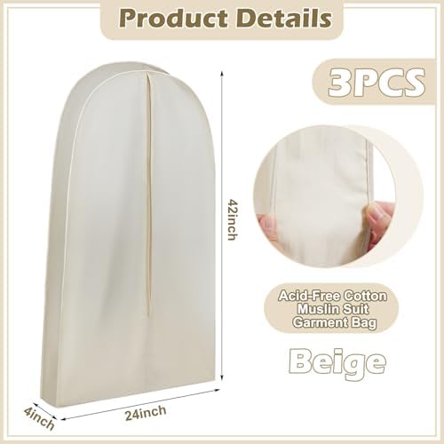 1 Acid Free Cotton Garment Bag Dress Suit Storage, 3 Pcs, 42 Inch - Image 2