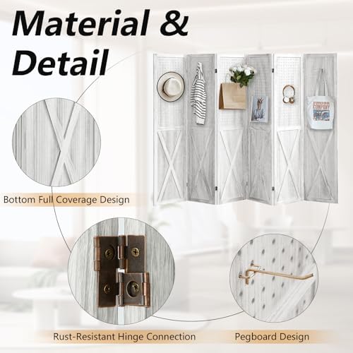 Pegboard Room Divider, 6 Panel Pegboard Display Wooden Room Divider Panel, Room Partitions and Dividers with 24 Hooks for Bedroom, Shop, Jewelry Display, White - Image 4