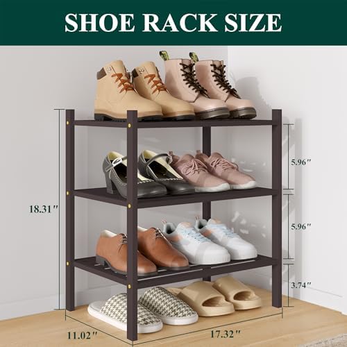 Smiry Bamboo Shoe Rack, 5 Horizontal Slats, 3 Tier - 17.3" Wide, Brown - Image 2