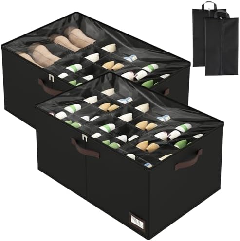 OIAHOMY 2 Pack Shoe Organizer for Closet, Large Foldable Shoe Storage Bins with Dividers and Reinforced Handles, Each Clear Cover Sneaker Box Fits Up to 24 Pairs for Entryway and Bedroom, Black by MasterofSpaceOptimization