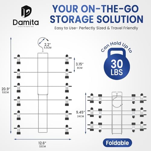 DAMITA Skirt Pants Hangers with Clips Space Saving Hanging Closet Organizer 6 Tiers Hanger with 360° Swivel Hook, Finger-Safe Design- College Dorm Room Apartment Essentials 2-Pack - Image 4