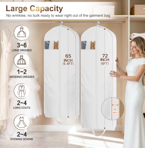 MISSLO 72" Wedding Dress Garment Bag for Travel Waterproof Dress Bags for Gowns Long 4" Gusseted Dresses Protector Bag for Closet Storage Clothing Covers for Hanging Clothes, White - Image 3