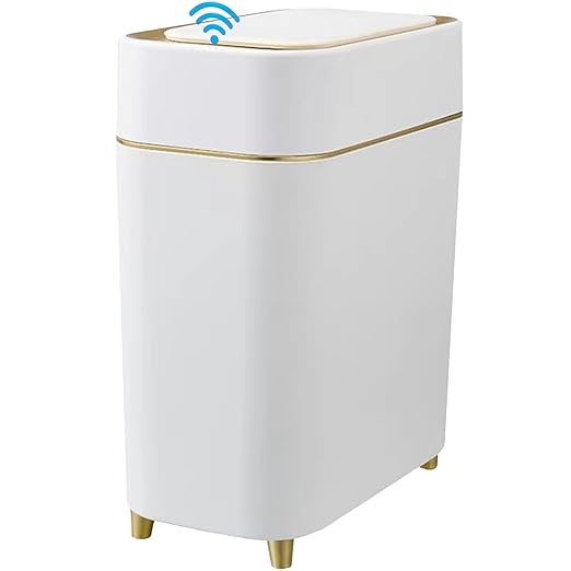 Yatmung Motion Sensor Trash Can Bathroom Automatic Touchless Lid - Sensor Garbage Can - Bathroom, Bedroom, Kitchen, Laundry Room, Small Spaces - Compact Smart Trash Bin - White with Gold Edge, 1Pack