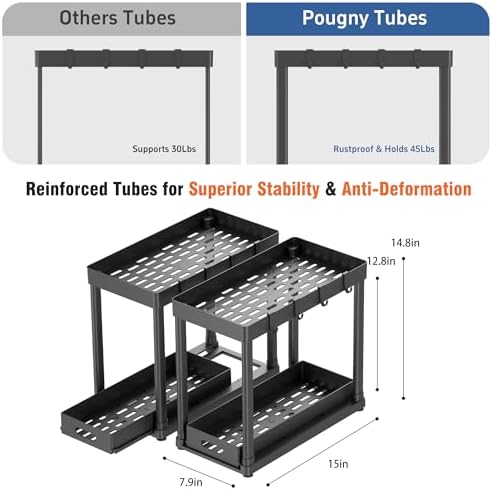 2PC Under Sink Organizer Rack 2 Tier Under Sliding Cabinet Basket Organizer Drawer with 4 Hooks, Multi-purpose Under Sink Storage for Bathroom Kitchen Desktop（Black） - Image 4
