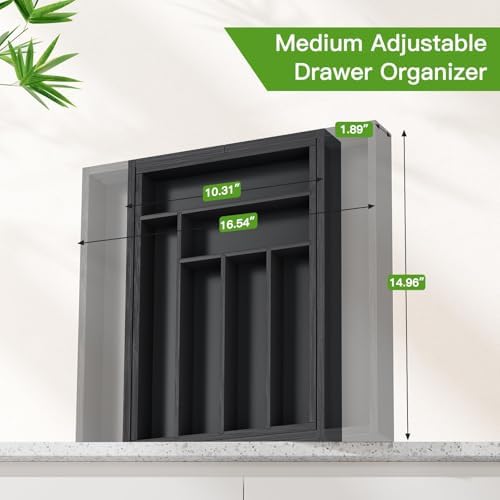 Pipishell Bamboo Expandable Silverware Drawer Organizer, Black, Medium - Image 2