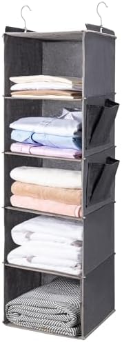 BOOMIBOO Hanging Closet Organize and Shelves，5-Hanging Shelf with 2 Side Pockets，Storage Foldable （Grey） by BOOMIBOO
