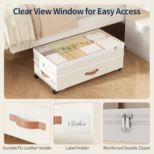Yecaye 90L Under Bed Storage with Wheels, Height Adjustable, 2 Pack, Beige - Image 5