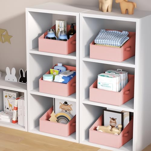 DIMJ Closet Storage Bins - Fabric Storage Baskets for Shelves, Collapsible Clothes Organizer with Handles for Purse, Toys, Books, Towel, Clothes, PInk, 6 Bins 11.4"x11.4"x7.8" - Image 7