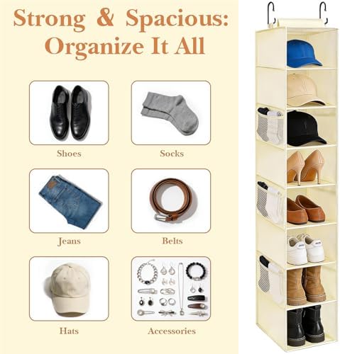 Hanging Shoe Organizer for Closet with 8 Shelves,Mesh Pockets-Wider Hanging Shelves for Shoes,Clothes,Hats with Sturdy Bamboo-Supported Design (Beige) - Image 7