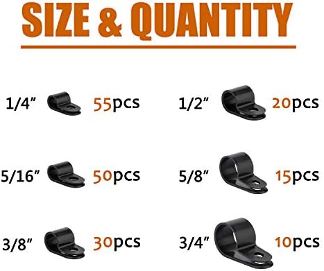 ISPINNER 180pcs Nylon Plastic R-Type Cable Clamps, 1/4" 5/16" 3/8" 1/2" 5/8" 3/4" Clips Fasteners Assortment Kit for Cable Conduit (Black) - Image 2