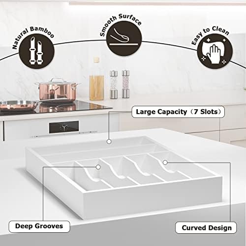 Utensil Organizer Silverware Drawer Organizer - 7 Slots Bamboo Cutlery Organizer Multi-Purpose Silverware Divider for Kitchen Flatware, Hair Accessories, Repair Tools, Art Set W13”x L17” (White) - Image 2