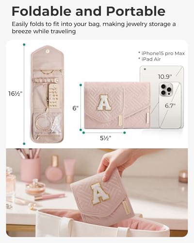 BAGSMART Travel Jewelry Organizer Case M Initial Jewelry Roll,Soft Pink - Image 6