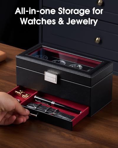 Lolalet 4-Slot Watch Case for Men, Mens Jewelry Box with Glass Lid -Winered - Image 3