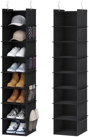 YOUDENOVA Upgraded Extra Wide Hanging Shoe Organizer for Closet, 8-Shelf Storage Organizer with 8 Side Pockets, Hanging Shoe Rack for Hats Clothes Jeans, 2 Packs, Black by YOUDENOVA