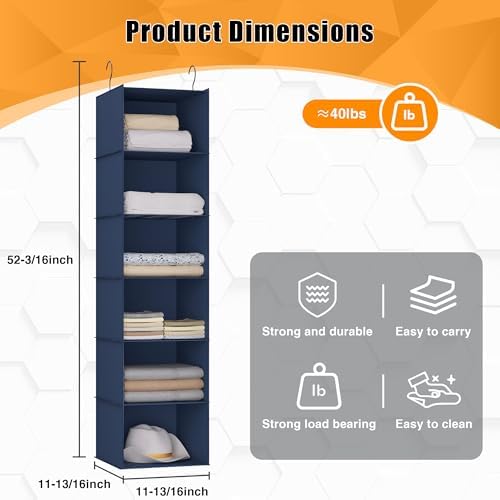 Hanging Closet Organizer 6-Shelf, Oxford Fabric Wardrobe Storage, Navy Blue - Image 3