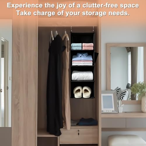 Hanging Closet Organizer and Shelves,4 Shelves with 1 Side Pockets (Beige) - Image 5