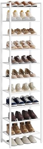 Nunsino Narrow Shoe Rack, 10-Tier Metal Shoe Organizer,Tall Shoe Shelf with Anti-Tip Strap, Max Holds 22 Pairs,Space Saving for Closet,Entryway,White by Nunsino