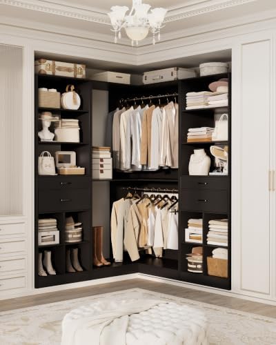 Besiost Closet System with 4 Drawers, 53.5"*53.5"/ 31.5"*75.5" Closet Organizer System with Corner Tower, L Shaped Walk-in Closet System, Corner Closet System with Shelves, Set of 3, Black - Image 3