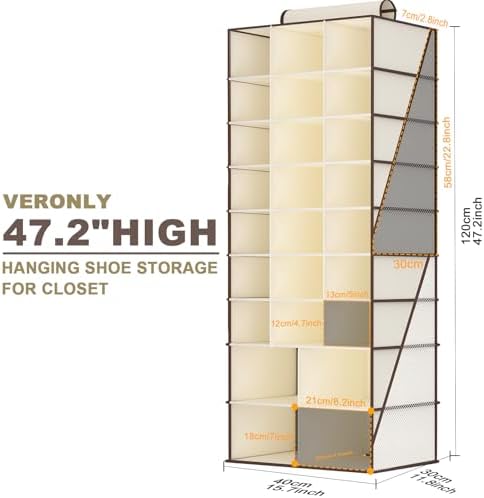 Hanging Shoe Organizer for Closet-Collapsible Storage Rack with 25 Sections & 4 Side Pockets, Hanging Shoe Shelves for Hats,and Clothes, Beige - Image 3