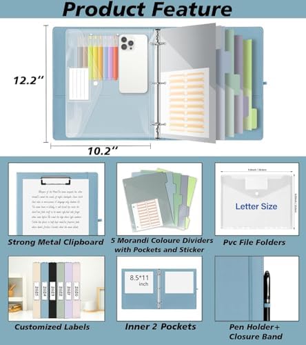 1 Inch 3 Ring Leather Binder Organizer, BVSSX Three Ring Binders with Clipboard, Plastic Folder, 5-Tabs Pocket Dividers with Sticker Labels, Pen Loop, Elastic Strap (Blue, Letter Size) - Image 2