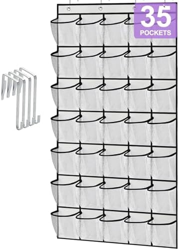 homyfort 35 Large Pocket Over the Door Shoe Organizer, Extra Sturdy Oxford Fabric Hanging Shoe Rack for Door Closet, Wall Mesh Shoe Storage Holder for Mens Women Shoes (White) by homyfort