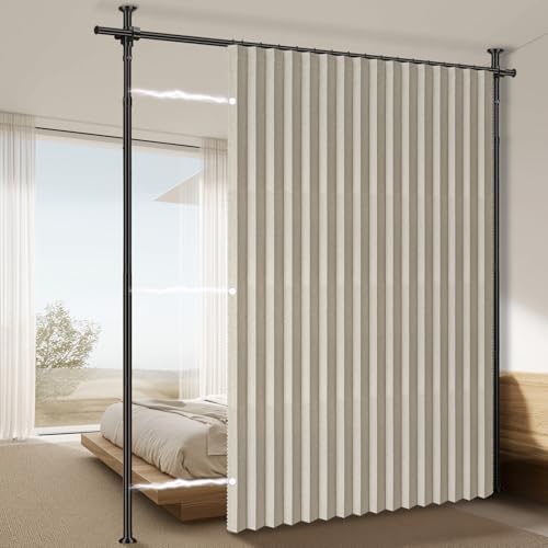 100% Blackout Room Divider Curtains Sets Cream White W100 x L96 in,1 Panel Curtain Rods No Drilling Adjustable Tension (H) 43-120×(W) 35-100 in for Temporary Wall Separator by AJAZZ