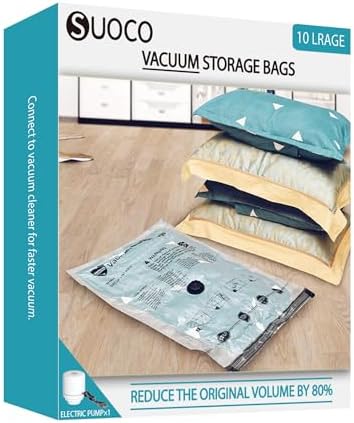 Vacuum Seal Bags for Clothing Travel and Home Storage, Travel Vacuum Bags with Electric Pump, Space Saver packing compression for Blankets Comforters Pillows Clothes, 10 Large by SUOCO