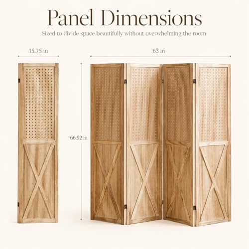 4 Panel Wood Pegboard Room Divider Folding Privacy Screen Light Brown - Image 2