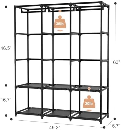 Wardrobe Closet Portable Closets for Hanging Clothes Large Capacity Clothes Rack with Cover, 3 Hanging Rods, 6 Shelves and 8 Pockets, Strong and Stable Free Standing Closet for Bedroom, Black - Image 3