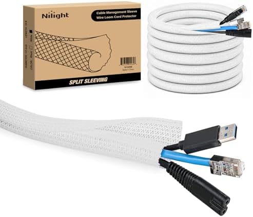 Nilight Cable Sleeve, 10ft-1/2inch Cord Management Sleeves White Wire Loom by Nilight