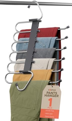Campior Space Saving Pants Hangers 1 Pack, 6 Layer Jeans Hangers and Closet Organizer for Jeans, Scarves, & Skirts, Multi-Layer Hanger with Anti-Slip Stopper, Heavy-Duty S-Type Stainless Steel, Gray by Campior