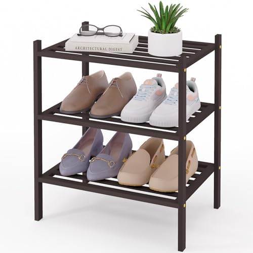 Smiry Bamboo Shoe Rack, 5 Horizontal Slats, 3 Tier - 17.3" Wide, Brown by Smiry