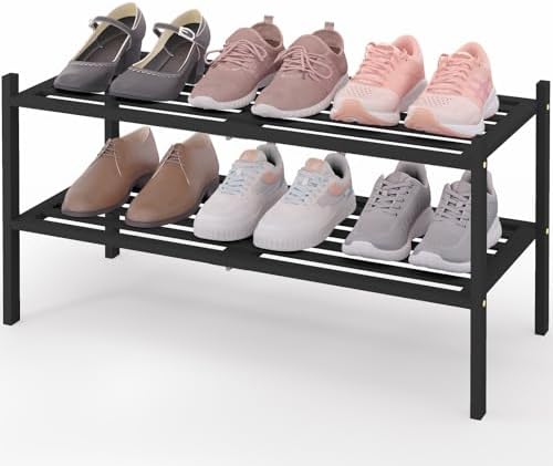 Smiry Bamboo Shoe Rack, 5 Horizontal Slats, 2 Tier - 26.8" Wide, Black by Smiry
