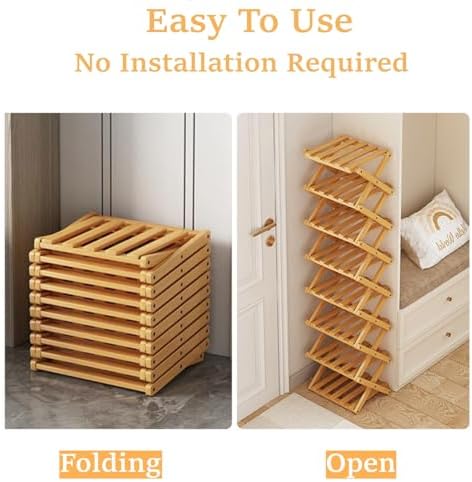 5 Tier Foldable Shoe Rack, Bamboo Vertical Shoe Organizer Tall for Multifunctional Narrow Shoe Shelf for Entryway, Closet, Corner, Bedroom, Hallway(Natural) - Image 5