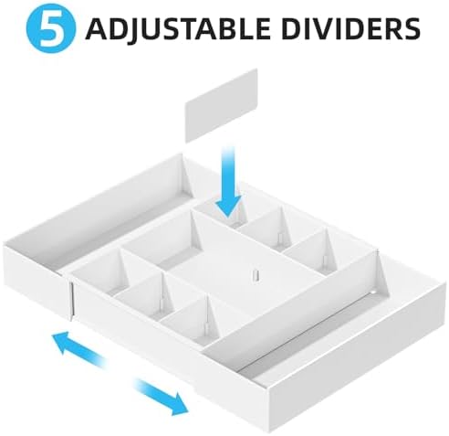 Marbrasse Expandable Desk Drawer Organizer, Clear Plastic Drawer Organizer Tray with 10 Adjustable Compartments, Desk Organizers and Accessories, 5 Drawer Dividers for Office Supplies, Makeup(White) - Image 3