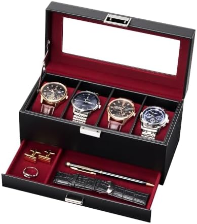 Lolalet 4-Slot Watch Case for Men, Mens Jewelry Box with Glass Lid -Winered by Lolalet