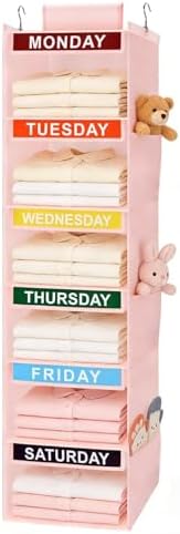 Weekly Clothes Organizer for Kids, 6-Shelf Kid Hanging Closet Organizer w/ 6 Side Pockets, Labeled Weekly Outfit Organizer for Kids, Days of The Week Clothes Organizer Monday Through Friday Pink by KUKIKAN