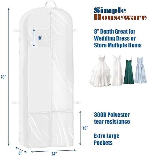Simple Houseware 70" Long, 8" Depth Wedding Dress Garment Bag with Pockets - Image 2