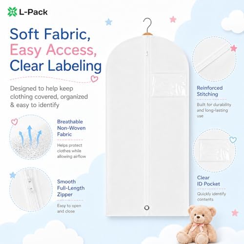 Kids Garment Bag with Clear Window, Hanging Clothes Storage Cover for Dresses, Suits & Dance Costumes, Breathable Travel Bag for Baby Toddler Child, 30" x 18", White, Pack of 1 - Image 3