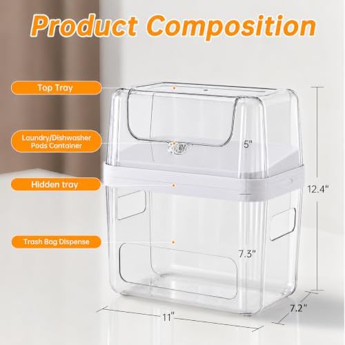 Trash Bag and Laundry pods Dispenser, 3-in-1 Clear Under Sink Organizer, Dishwasher Pod Storage Container, Stackable Kitchen Cabinet Storage Box Fits 13/30/33 Gallon Garbage Bags - Image 2