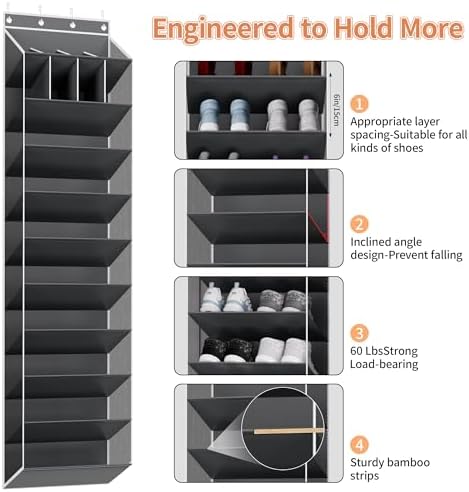 KYEVIS 10-Tier Large Size Over the Door Shoe Organizer, 20 Pairs Hanging Shoe Rack for Closet with Deep Pockets, Space-Saving Storage for Sneakers, Boots Heels (Grey) - Image 4