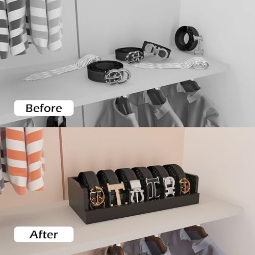Belt Organizer for Closet - 6 Grids Black Bamboo Belt Storage Organizer Racks for Men Women's Drawer, Belt Display Holder Wall Mount with 2 Pcs Tie Clip - Image 6