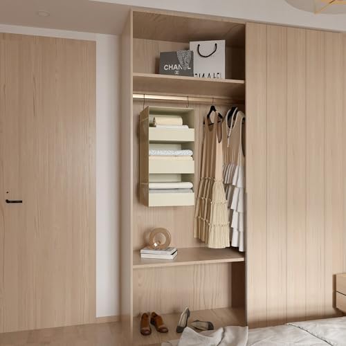 3-Shelf Hanging Closet Organizer, Washable Foldable Storage Shelves, Beige - Image 6