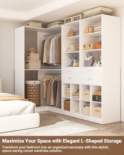 Besiost Closet System with 4 Drawers, 50.5" * 50.5"/ 31.5" * 69.5" Closet Organizer System with Corner Tower, L Shaped Walk-in Closet System, Corner Closet System with Shelves, Set of 3, White - Image 4