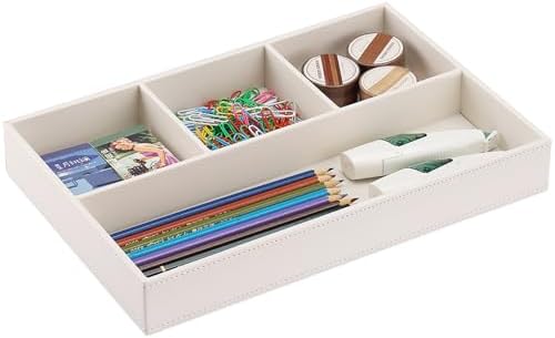 KINGFOM PU Leather Desk Drawer Organizer, 4 Compartment Office Supplies Stationery Storage Tray, Desk Organizers and Accessories Drawer Organizer Tray for Home, Makeup, Jewelry Stackable White by KingfomLeatherHomeOfficeDecor